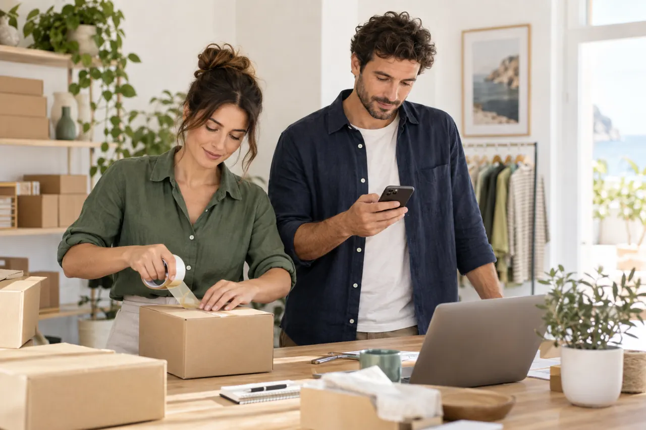 Ενδεικτική απεικόνιση ομάδας e-shop που προετοιμάζει παραγγελίες πελατών